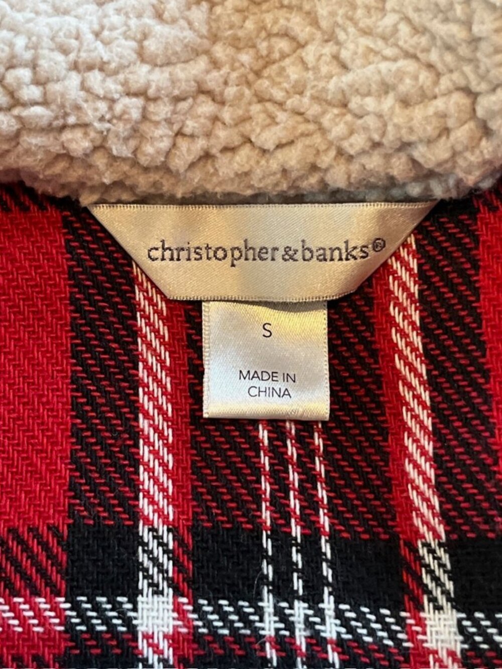 Christopher & Banks Fleece Jacket Womans Small Red Black Plaid Faux Fur Collar - Picture 3 of 15